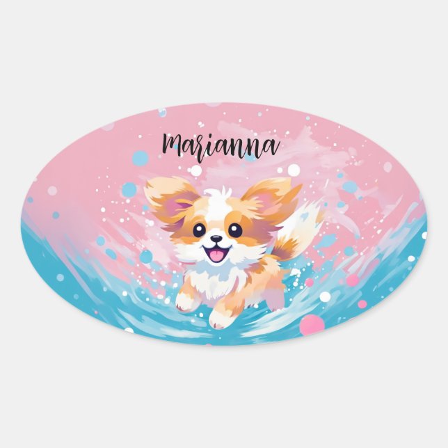 Playful Papillon Pup: Splash of Pink and Blue Oval Sticker (Front)