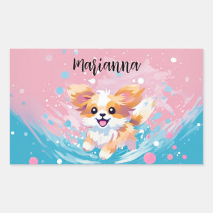 Playful Papillon Pup: Splash of Pink and Blue Rectangular Sticker