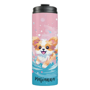 Playful Papillon Pup: Splash of Pink and Blue Thermal Tumbler