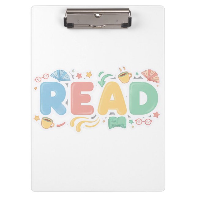 Playful Pastel Bubble "READ" Sticker Style Clipboard (Front)