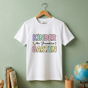 Playful Pastel Kindergarten Teacher Name Graphic T-Shirt
