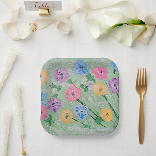 Playful Pastels Floral, 7" Square Paper Plates (Wedding)