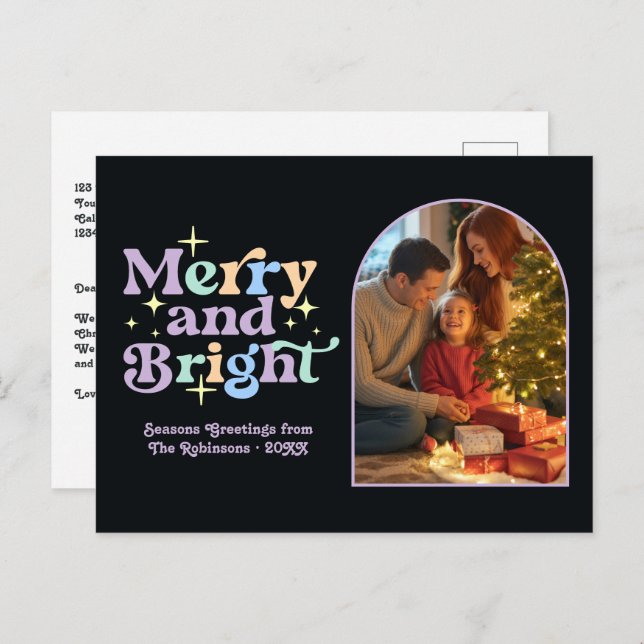 Playful Pastels Merry and Bright Retro Christmas Holiday Postcard (Front/Back)