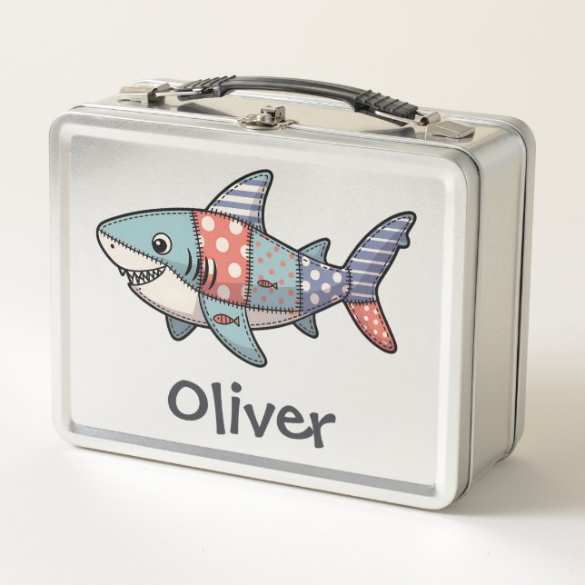 Playful Patchwork Shark Metal Lunch Box (Front)
