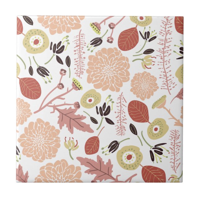 Playful Peach Green Illustrated Flowers Leaves Tile (Front)