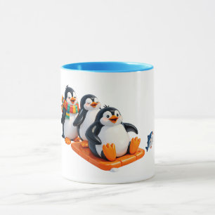 Playful Penguin Sledding Illustration Mug