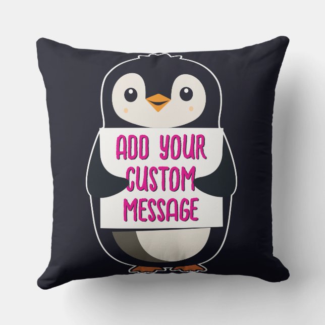 Playful penguin with a sign for your message cushion (Back)