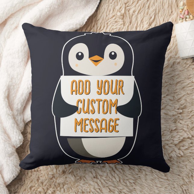 Playful penguin with a sign for your message cushion (Blanket)
