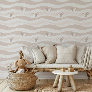 Playful Penguins in Gentle Waves - Beige and White Wallpaper