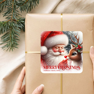 Playful Personalized Santa and Rudolph Christmas  Square Sticker