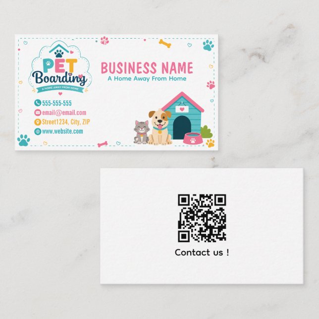 Playful Pet Boarding Business Card with QR Code (Front/Back)