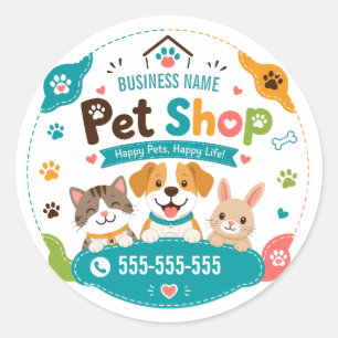 Playful Pet Shop Custom Business Name Phone Classic Round Sticker
