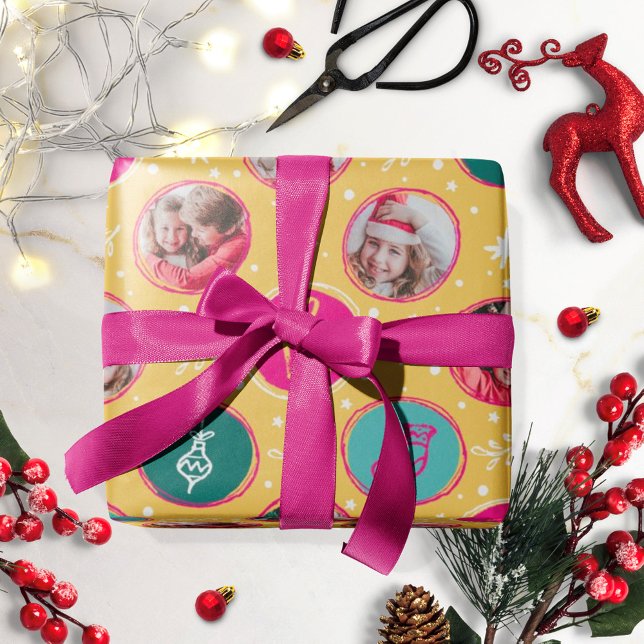 Playful Photo Collage Christmas Bright Yellow Wrapping Paper (Creator Uploaded)