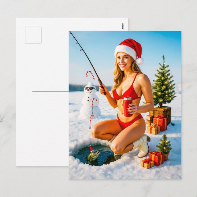 Playful Pin-Up Girl Fishing in Red Bikini Holiday Postcard (Front/Back)