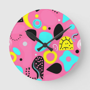 Playful Pink Abstract Shapes Pattern Round Clock