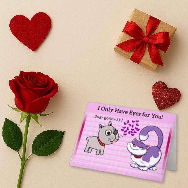 Playful Pink Cartoon Dog Cat Love  Holiday Card (Creator Uploaded)