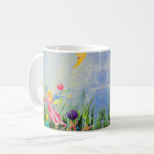 Playful Pink Fairy in Yellow Moonlight Watercolor Coffee Mug