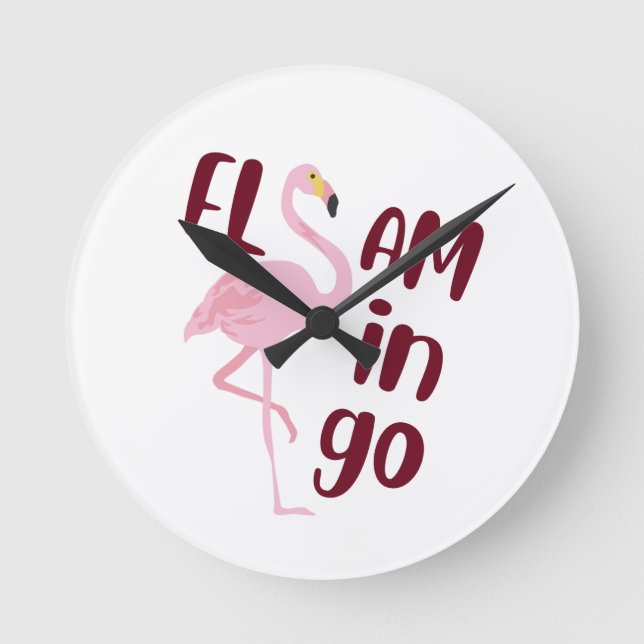 Playful Pink Flamingo Typography Art Round Clock (Front)