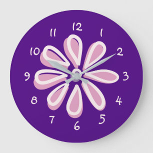 Playful Pink Flower Doodle Large Clock