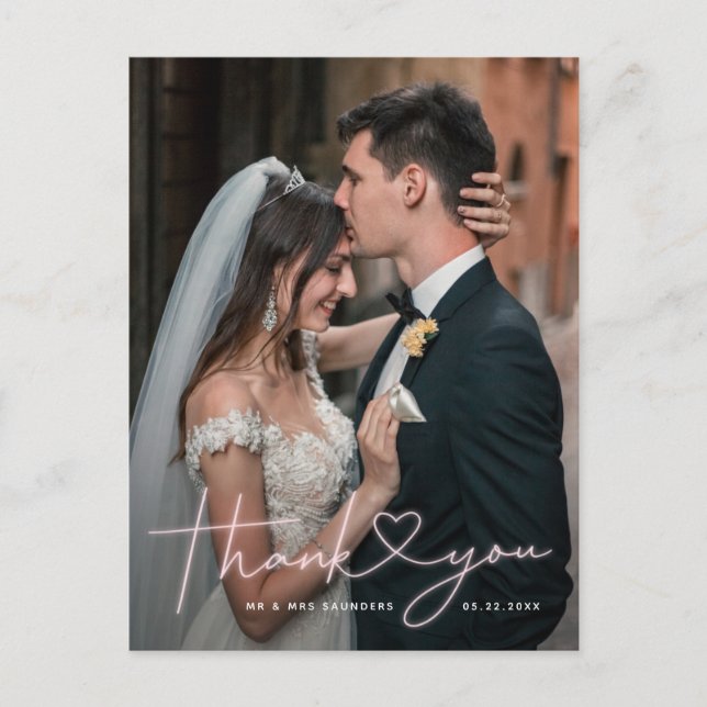Playful Pink Neon Script Wedding Photo Thank You Postcard (Front)