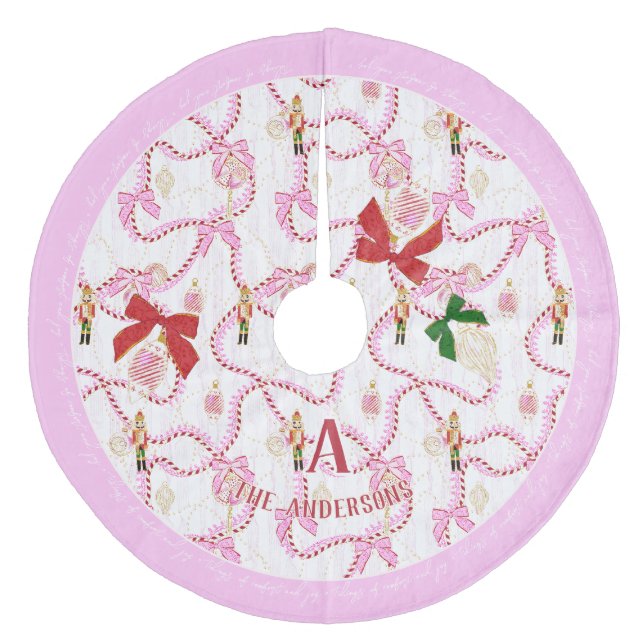 Playful Pink Nutcracker Candy Cane Monogram Fleece Tree Skirt (Front)