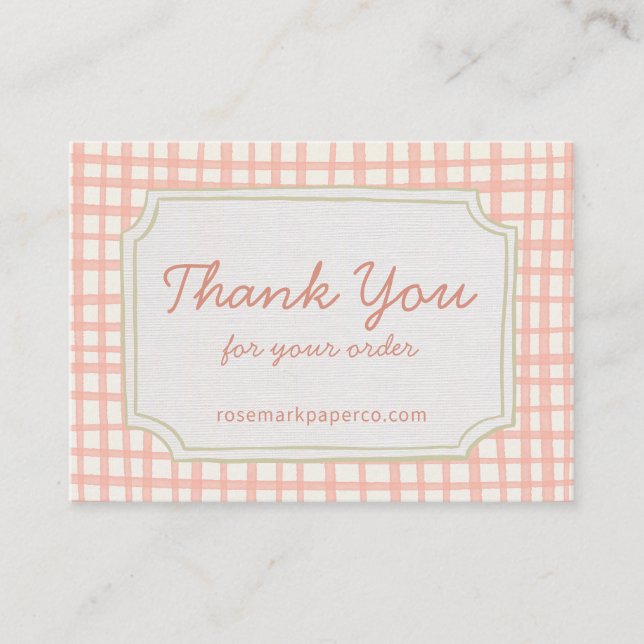 Playful Pink Peach Plaid Small Business Thank You Enclosure Card (Front)