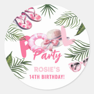 Playful Pink Pool Party Girl Birthday  Classic Round Sticker
