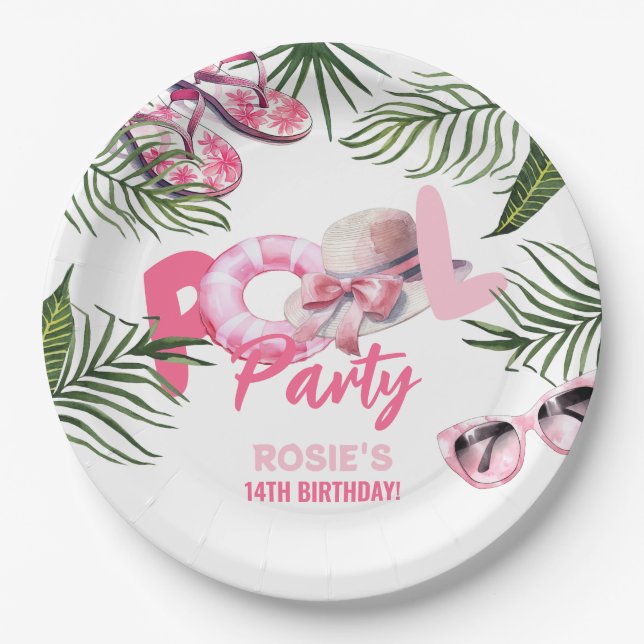 Playful Pink Pool Party Girl Birthday  Paper Plate (Front)