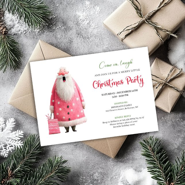 Playful Pink Santa Funny Christmas Party Printable Invitation (Playful Pink Santa Funny Christmas Party Printable)