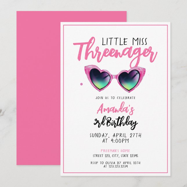 Playful Pink Sunglasses Threenager 3rd Birthday Invitation (Front/Back)