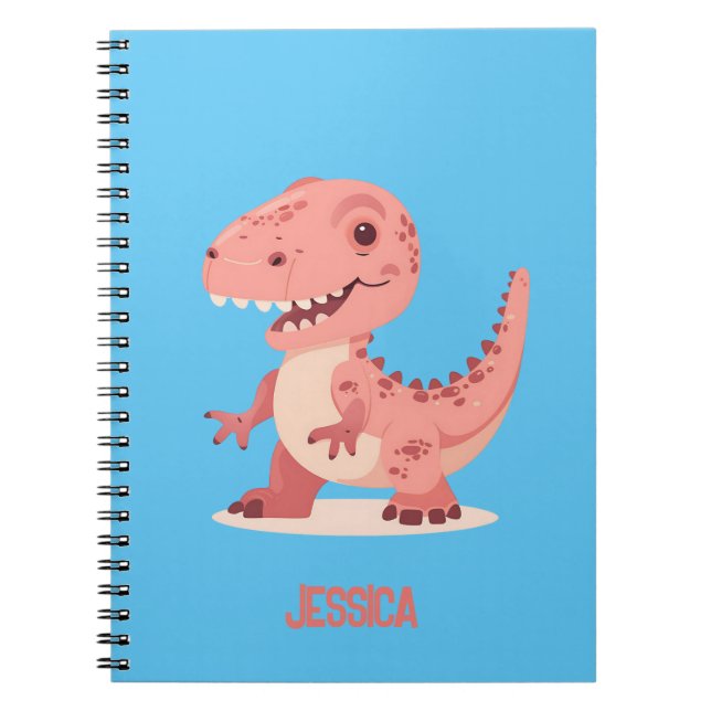 Playful Pink T-Rex Dino With Kids Name Notebook (Front)