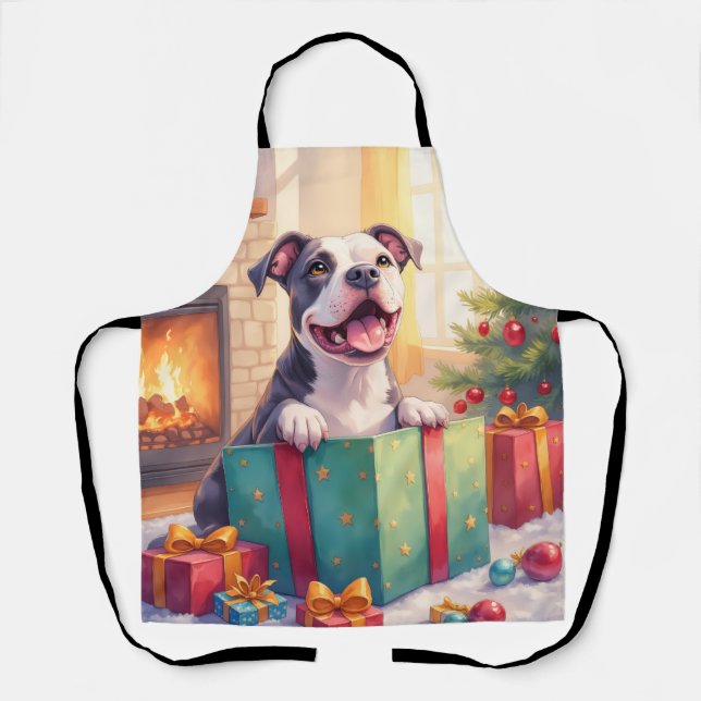 Playful Pitbull Opening Christmas Gifts Holiday Apron (Front)