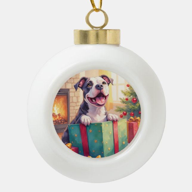 Playful Pitbull Opening Christmas Gifts Holiday Ceramic Ball Christmas Ornament (Front)