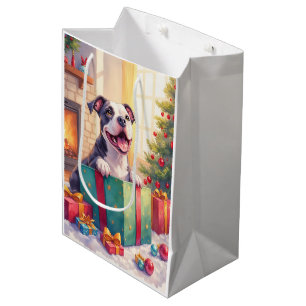 Playful Pitbull Opening Christmas Gifts Holiday Medium Gift Bag