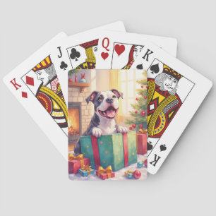 Playful Pitbull Opening Christmas Gifts Holiday Playing Cards