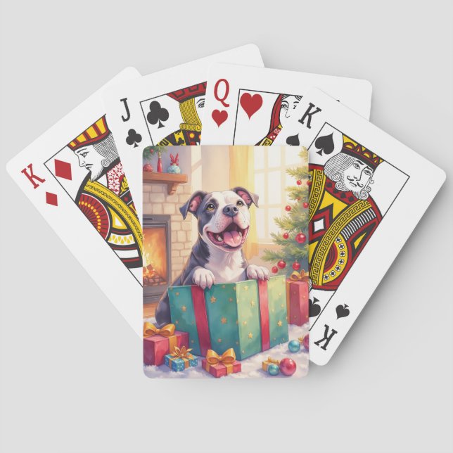 Playful Pitbull Opening Christmas Gifts Holiday Playing Cards (Back)
