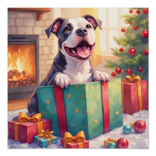 Playful Pitbull Opening Christmas Gifts Holiday Poster (Front)