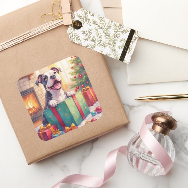 Playful Pitbull Opening Christmas Gifts Holiday Square Sticker (Gifting)