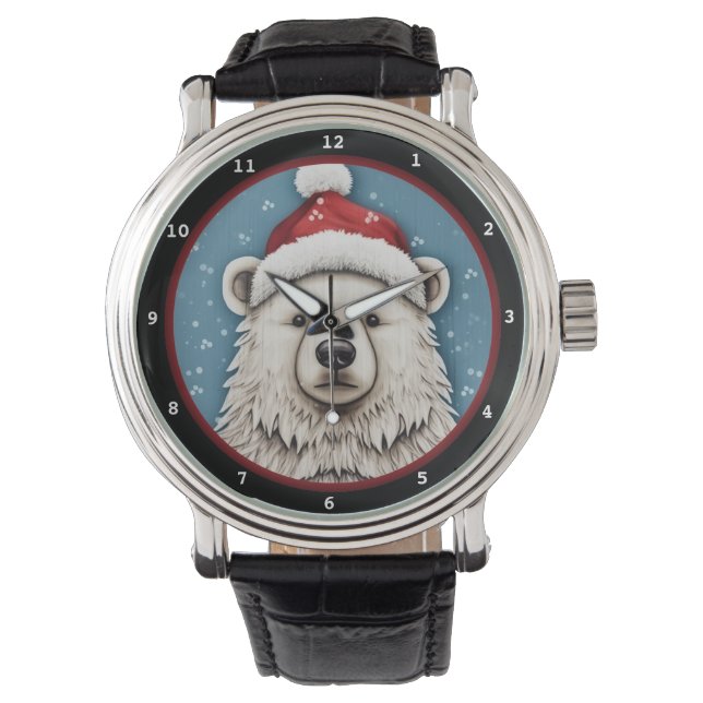 Playful Polar Bear in Santa Hat Watch (Front)