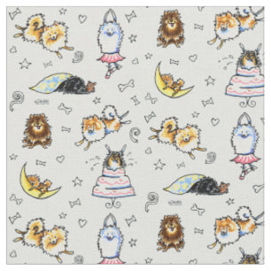 Playful Pomeranians Cool Grey Fabric