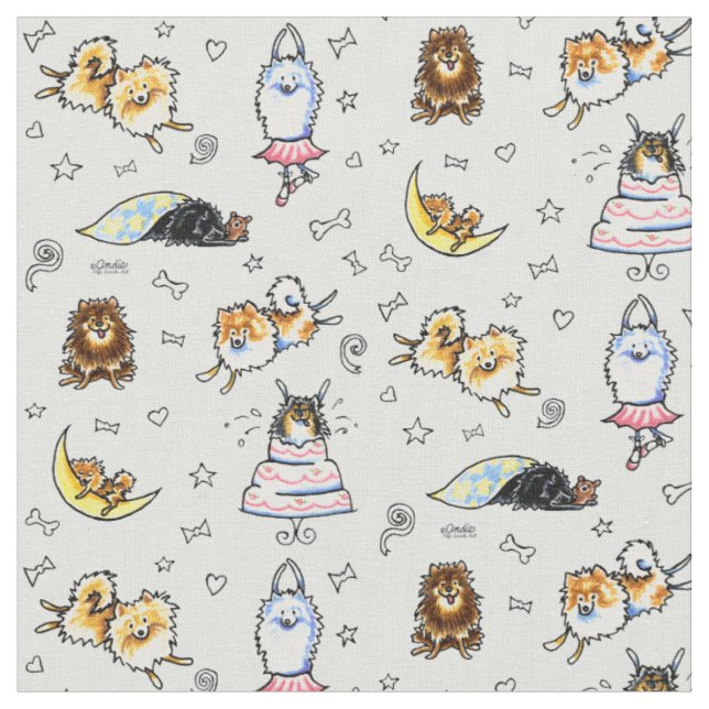 Playful Pomeranians Cool Grey Fabric (Close Up)