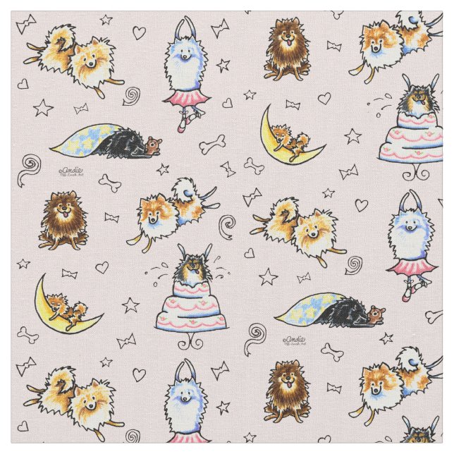 Playful Pomeranians Pink Fabric (Close Up)