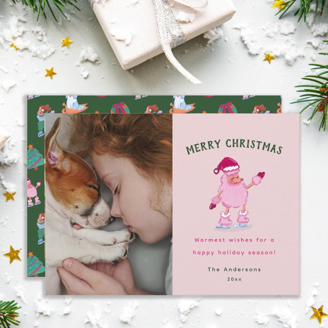 Playful Poodle Ice Skating Pink Christmas  Holiday Card (Creator Uploaded)