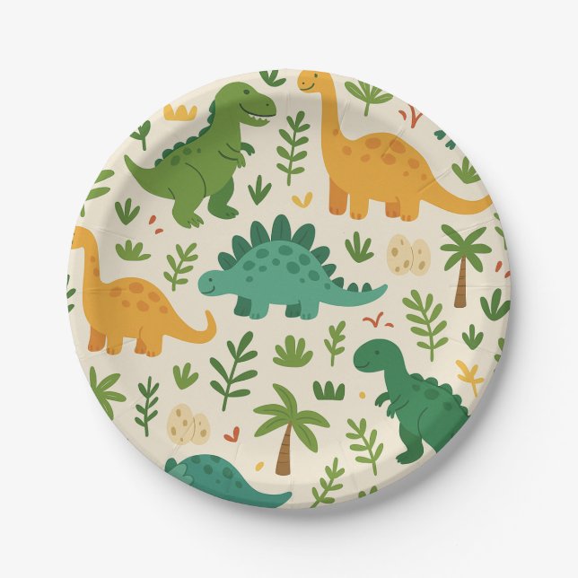 Playful Prehistoric Dinosaur Pattern Kids Birthday Paper Plate (Front)