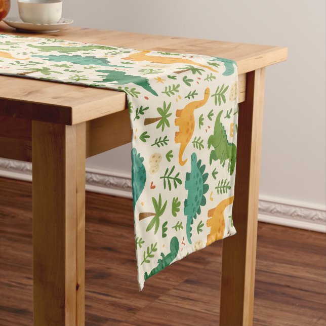 Playful Prehistoric Dinosaur Pattern Kids Birthday Short Table Runner (In Situ)