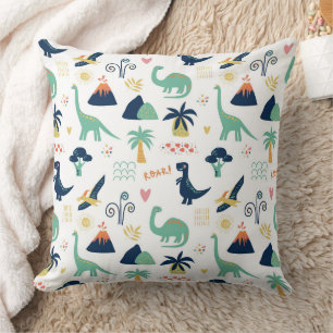Playful Prehistoric Dinosaur & Volcano Pattern Cushion