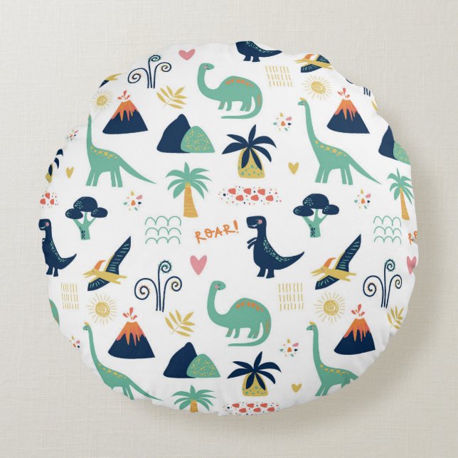 Playful Prehistoric Dinosaur & Volcano Pattern Round Cushion (Front)
