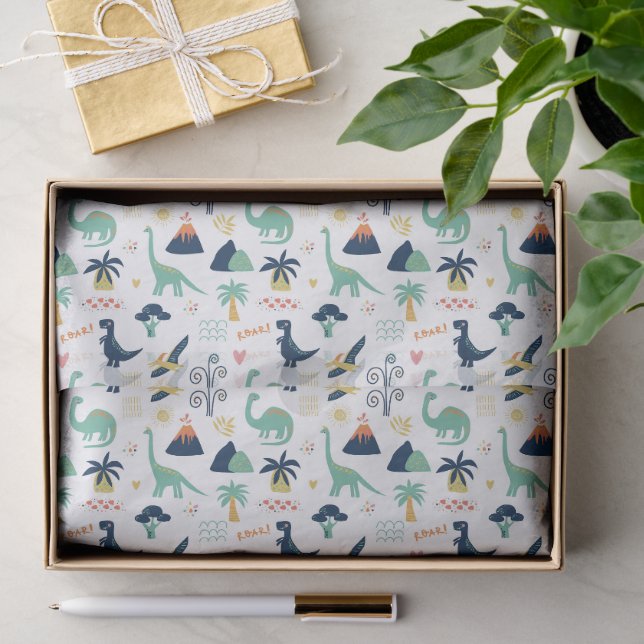 Playful Prehistoric Dinosaur & Volcano Pattern Tissue Paper (Gift)