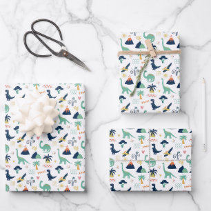 Playful Prehistoric Dinosaur & Volcano Pattern Wrapping Paper Sheet