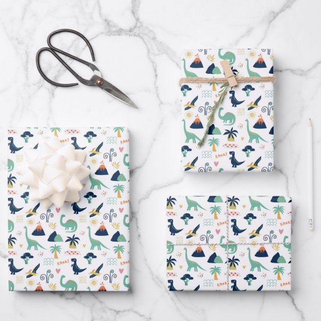 Playful Prehistoric Dinosaur & Volcano Pattern Wrapping Paper Sheet (Front)